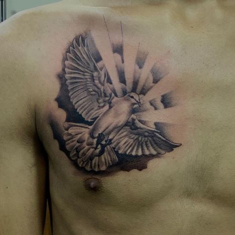 Dove Chest Tattoo Men, Dove Tattoo Design For Men, Dove Tattoo Men, Dove Tattoo Design, Dove Tattoos, Small Chest Tattoos, Dove Tattoo, Shoulder Piece, Chicano Art Tattoos