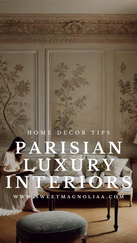 Dreaming of timeless elegance for your home? Step into the world of Parisian luxury interiors, where ornate moldings, soft neutral tones, and herringbone wood floors create an effortlessly chic atmosphere. Discover how to infuse your space with classic French charm, blending antique sophistication with modern grace. Explore all the essential design elements to elevate your home to a new level of sophistication! 🖤 #ParisianStyle #HomeDecorTips #FrenchInteriors #LuxuryHomeDecor #LuxuryHome Small Bedroom Parisian, Modern Provence Interior Design, Parisian Chic Style Interior, Chateux Interior Modern, Modern French Home Interior, French Hotel Aesthetic, French Coffee Shop Parisian Cafe, Parisian Modern Decor, French Room Aesthetic