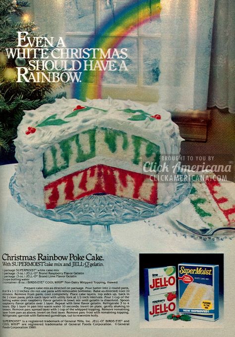 Christmas Rainbow Poke cake (1980) Rainbow Poke Cake, Poke Cake Jello, Jello Cake, Christmas Rainbow, Poke Cake Recipes, Handwritten Recipes, Rainbows Christmas, Monkey Bread, Poke Cake