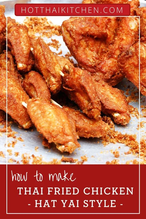 Unique Fried Chicken Recipes, Thailand Fried Chicken, Cambodian Fried Chicken, Thai Fried Chicken Recipes, Asian Fried Chicken Recipe, Thai Food Recipes Authentic, Thai Chicken Wings Recipe, Asian Fried Chicken, Recipe For Chicken Thighs