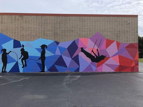 School Mural Ideas Outdoor, Mall Wall, Geometry Projects, Collaborative Mural, Rainbow Mural, School Murals, Sports Wall Art, Sports Wall, Wall Paint Designs