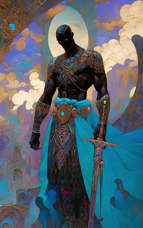 African Swordsman Art, Futuristic African Warrior, Afrofuturism Character Design, African Superhero Art, Afro Fantasy Art, Black God Art, African Warrior Art, African Fantasy Art, African Gods