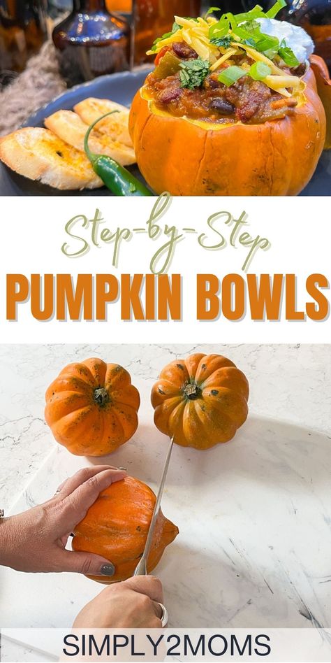 Elevate your fall entertaining with Simply2Moms' DIY edible pumpkin bowls! Perfect for serving soup and chili, they're easy to make in just 5 steps. A festive touch that will impress your guests at your next fall gathering. An added bonus? No dishwashing! Follow us for more simple ideas and inspiration for entertaining and home! Pumpkin Serving Bowl, Pumpkin Chili Recipe, Pumpkin Bowl, Fall Meals, Soup Chili, Pumpkin Bowls, Diy Edible, Refined Coconut Oil, Fall Gathering