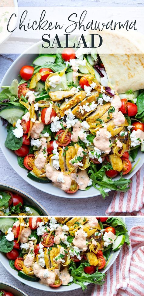 Everything you love about a good chicken shawarma is packed into this loaded salad! Juicy marinated chicken thighs and a flavorful roasted red pepper tzatziki take it over the top. Chicken Thigh Salad, Chicken Shawarma Salad, Shawarma Salad, Loaded Salad, Homemade Greek Dressing, Loaded Chicken, Marinated Chicken Thighs, Steak Salad, Best Salad Recipes