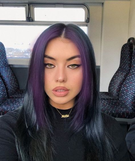 Hair Dye Color For Curly Hair, Black Hair With Purple Curtain Bangs, Dark Teal Money Piece Hair, Black Hair With Dark Purple Money Pieces, Front Two Pieces Of Hair Dyed Purple, Purple Hair Front Pieces, Black Hair With Purple Front Pieces, Dark Purple Money Piece Hair, Purple Underlayer Hair