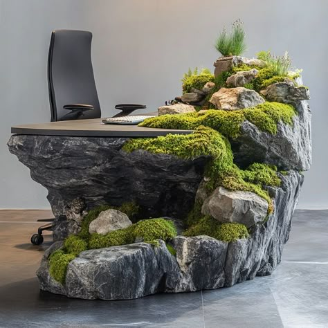 This moss-covered rock office desk blends natural beauty with functional design. The surface is made from a smooth, polished stone, carefully selected for its organic texture, and adorned with a live moss layer that creates a serene, earthy ambiance. The moss adds a soft, tactile contrast to the rock’s solid structure, evoking a tranquil forest floor. Perfect for those who want to bring the outdoors into their workspace, this desk is not only a statement piece but also a reminder of nature’s ... Forest Office Design, Stone Arch Bridge Minneapolis, Stone Arch Bridge, Indoor Water Garden, Moss Decor, House Interior Design Styles, Stone Arch, Arch Bridge, Diy Wall Art Decor