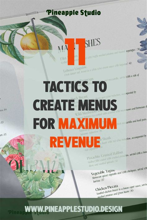 Dive into our comprehensive guide that unveils the secrets to menu success in the competitive world of dining. Explore practical tips on design, descriptive clarity, strategic placement, pricing strategy, dessert excellence, seasonal specials, and more! Ready to transform your menu into a profit powerhouse? Contact Pineapple Studio, where culinary creativity meets strategic brilliance. 🍍✨#RestaurantSuccess #MenuDesign #CulinaryExcellence" Creative Restaurant Menu Design Ideas, Restaurant Menu Design Ideas, Hotel Brand Identity, Truffle Mashed Potatoes, White Wine Cream Sauce, Hospitality Branding, Red Wine Reduction, Menu Design Ideas, Restaurant Logos