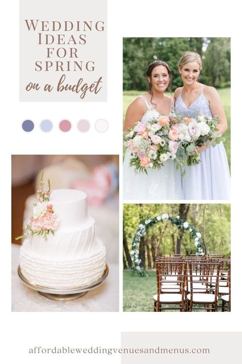 Photo collage of a bride and bridesmaid posing, a white wedding cake with pink flowers and an outdoor wedding ceremony set up with a white flowered arch. Spring Reception Ideas, Wedding Reception Brunch, April Wedding Ideas, Romantic Spring Wedding Ideas, Spring Wedding Table Decor, Wedding Ideas For Spring, Easter Wedding Ideas, Spring Time Wedding, Spring Wedding Bridesmaids