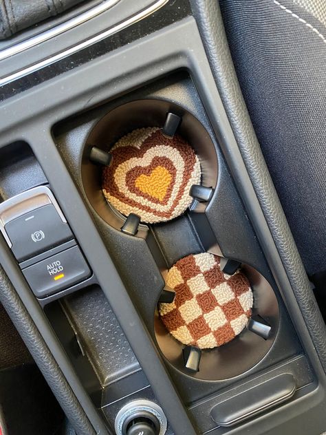 Brown Heart and Brown Checkered Car Coaster Punch needle car coasters can be an ideal accessory to give your car a different look. These colorful and patterned handmade coasters can be the perfect new car gift for mom, dad, sister, brother, best friend, wife, husband and just loved ones. If you have any questions regarding this product, I will be happy to assist you.  I am taking special orders.The color and size you want.You can message me whenever you want. Dimensions: 2,76inches (7 cm) Thank Retro Car Accessories, Pink And Brown Car Interior, Brown Car Interior Decor, Brown Car Interior, Brown Car Decor, Brown Car Accessories, Decorating My Car, Cute Things For Your Car, Checkered Accessories