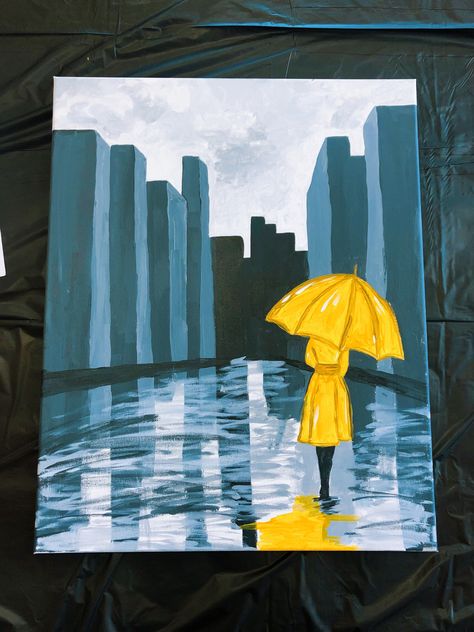 Painting With Acrylic Paint, Umbrella Drawing, Umbrella Painting, Drawing Scenery, Creepy Eyes, Rainy City, City Downtown, Acrylic Ideas, Rain Painting