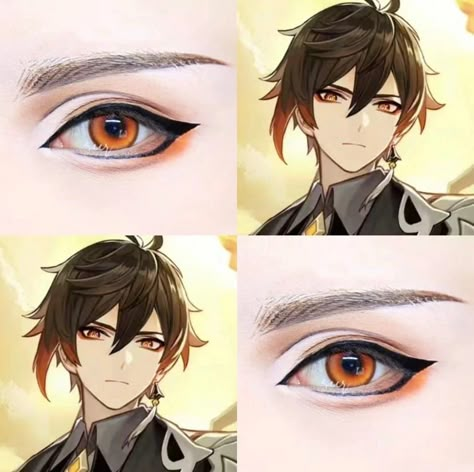 Genshin Impact Eye Makeup, Zhongli Cosplay Makeup, Zhongli Eye Makeup, Genshin Makeup Ideas, Genshin Eye Makeup, Zhongli Makeup, Zhongli Eyes, Cosplay Eye Makeup, Anime Inspired Makeup