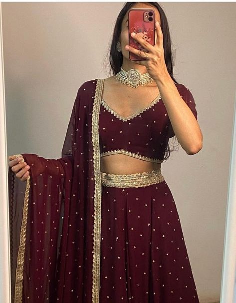 Buy Gorgeous Brown Lehenga Choli With Dupatta Indian Designer Party Wear Lehenga Choli for Women Seqence Work Lenga Choli Red Bridal Wear Lehega Online in India - Etsy Frill Lengha Design, Red Indian Lehenga, Simple Lehenga Party Wear, Latest Indian Lehenga Designs, Dark Coloured Lehengas, Dark Red Lengha, Trendy Blouse Designs For Half Saree, Lenghas Simple, Traditional Lehenga Designs Latest