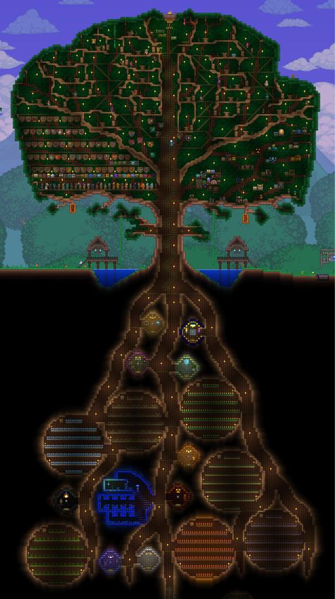 Terraria Living Tree House, Terraria Tree House Ideas, Terraria Herb Farm, Terraria Tree House, Terraria Arena Ideas, Terraria Storage, Terraria Houses, Minecraft Storage, Terraria Game