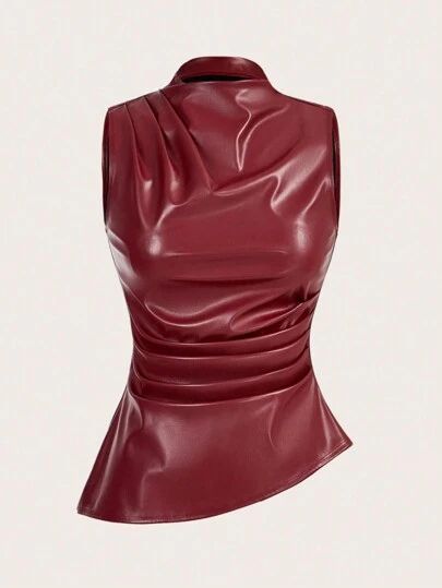 Wine Color Outfits For Women, Wine Color Outfits, Wine Red Clothes, Gold And Red Outfit, Leather Tank Top Outfit, Cherry Red Outfit, Leather Top Outfit, Pearl Market, Leather Tops