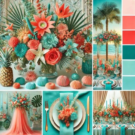 This energetic duo brings a fresh and tropical vibe to any summer wedding. Imagine coral blooms paired with teal accents in your table settings, bridesmaid dresses, and even your wedding cake. This palette is ideal for beach or garden-themed weddings, adding a splash of color without overwhelming. Use coral and teal in invitations, napkins, and seating charts.  #SummerWedding #TropicalVibes #WeddingPalette #CoralAndTeal #BeachWedding #GardenWedding #WeddingInspiration Pink Orange Teal Wedding, Bright Beach Wedding Colors, Mint And Orange Wedding, Turquoise Theme Wedding, Aqua And Coral Wedding, Turquoise Wedding Color Schemes, Coral And Lavender Wedding, Beach Theme Color Palette, Coral And Teal Aesthetic