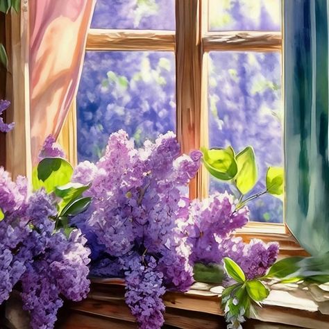 Flieder Window View, Mini Art, Window Sill, Painting Art, Flower Art, Lilac, Canvas Painting, Art Painting, Paintings