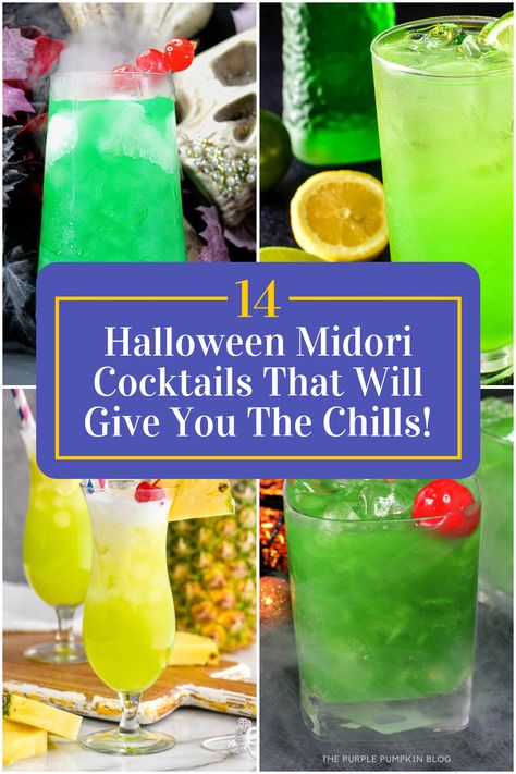 Collage of 4 halloween midori cocktails. Halloween Midori Cocktail, Midori Halloween Drinks, Cocktails With Midori, Midori Cocktails Recipes, Drinks With Midori, Halloween Cocktails Punch, Midori Sour Recipe, Midori Drinks, Midori Cocktails