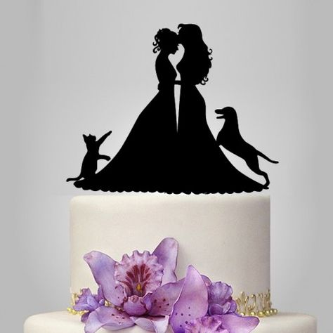 Wedding Cake topper with cat, cake topper with dog, Lesbian cake toppe Lesbian Silhouette, Mrs And Mrs Wedding Cake, Emo Wedding, Mrs And Mrs Wedding, Family Wedding Cake Toppers, Cat Cake Topper, Mrs And Mrs, Bo Ho, Dog Cake Topper