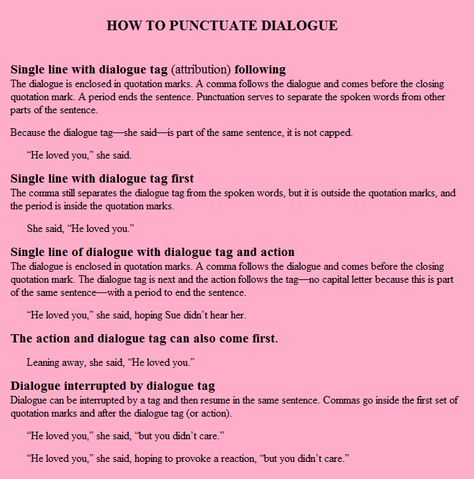 Punctuating Dialogue Dialogue Punctuation, Fanfic Tips, Punctuating Dialogue, Character Writing, Screenplay Writing, Grammar Tips, Play Hard To Get, Writing Prompts For Writers, Writing Dialogue