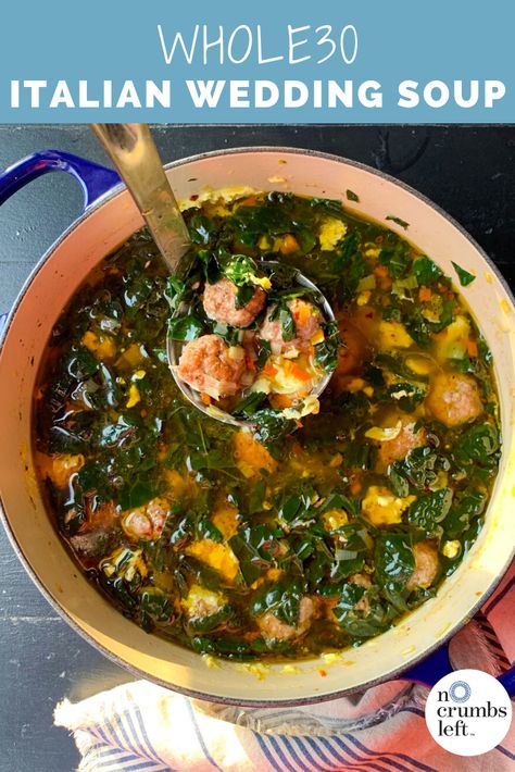 This soup is comforting, filling, and easy to make. The recipe is Whole30, and it makes a great dinner with even better leftovers for lunch the next day! #nocrumbsleft #whole30recipes #whole30soup #souprecipes No Crumbs Left, Whole 30 Soup, Metabolic Health, Paleo Soup, Wedding Soup, Whole30 Recipes, Whole 30 Recipes, Italian Wedding, Whole 30