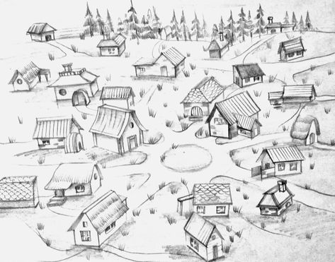 Village Doodle Art, Small Village Drawing Reference, Tiny Village Drawing, Simple Town Drawing, Village Reference Drawing, Village Sketch Drawing, How To Draw Village, Cute Village Drawing, Medieval Village Drawing