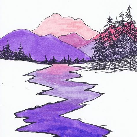 Landscape drawing of mountains, river,hills, and trees using ink and markers. Drawing A Mountain, Snow Art Drawing, Drawing Of Mountains, River Drawing, Art Markers Drawing, Markers Drawing Ideas, Mountain Drawing, Posca Art, Nature Drawing