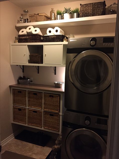 Laundry room IKEA hack (Kallax) Ikea Kallax Utility Room, Cosy Laundry Room, Ikea Kallax Laundry Room, Ikea Kallax Bathroom, Kallax Laundry Room, Kallax Laundry, Shed Laundry Room, Organise Cupboards, Ikea Laundry Room Ideas