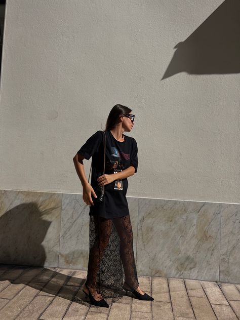 lace skirt, long skirt, outfit with skirt and T-shirt, autumn outfit, fashion, rock style Lace Skirt With Oversized T Shirt, Long Black Linen Skirt Outfit, Sheer Lace Maxi Skirt, Mesh Long Skirt Outfit, Lace Trim Skirt Outfit, Lace Skirt And Tshirt, Lace Long Skirt Outfit, Long Black Lace Skirt Outfit, Long Skirt T Shirt Outfit