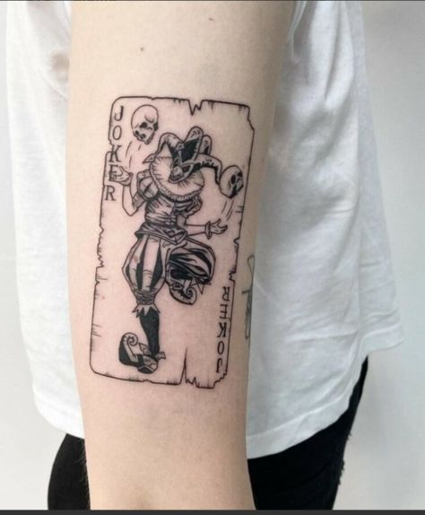 Traditional Joker Card Tattoo, Joker Cards Tattoos, Os Illustration Tattoo, Jester Tattoo Jokers, Card Joker Tattoo, Joker Tattoo Card, Joker Card Tattoos For Men, Joker Playing Card Tattoo, Saw Tattoo Jigsaw