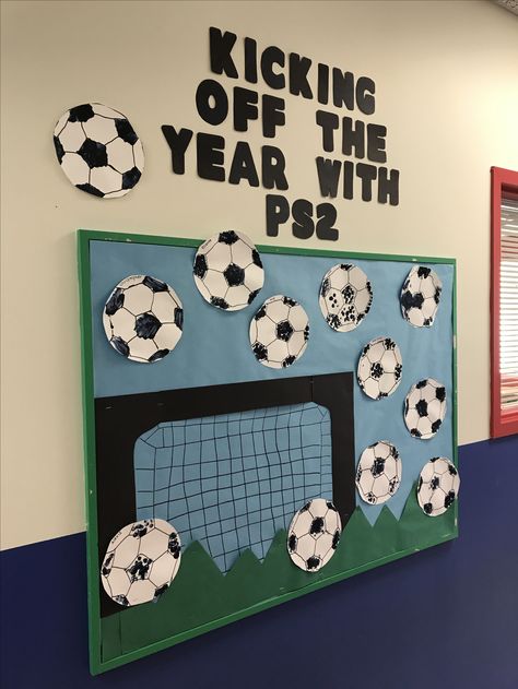 Soccer Themed Bulletin Boards, Soccer Theme Classroom Ideas, Pssa Bulletin Board Ideas, Soccer Classroom Door, Sports Board Ideas, Soccer Board Ideas, Sport Bulletin Boards, Sports Themed Bulletin Boards, Sports Gala Decoration Ideas For School