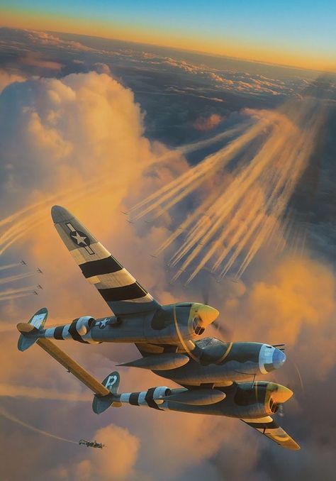 Vintage Aircraft Art, P 38 Lightning, P38 Lightning, Lockheed P 38 Lightning, The Art Of Flight, Ww2 Fighter Planes, Scene Illustration, Aircraft Painting, Military Artwork