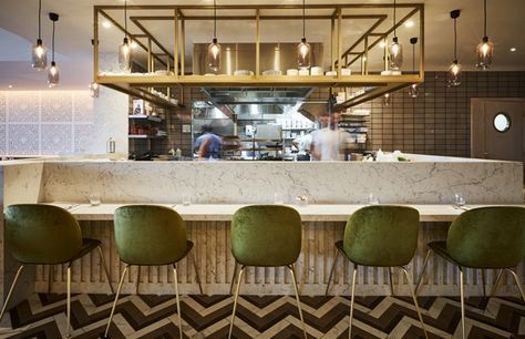 Sage Green Restaurant, Chefs Table Design, Chef Table Design, Olive Green Restaurant Interior, Olive Green Bar, Green Bar Counter Design, Green Tiles Bar Counter, Green Tiles Restaurant, Olive Bar