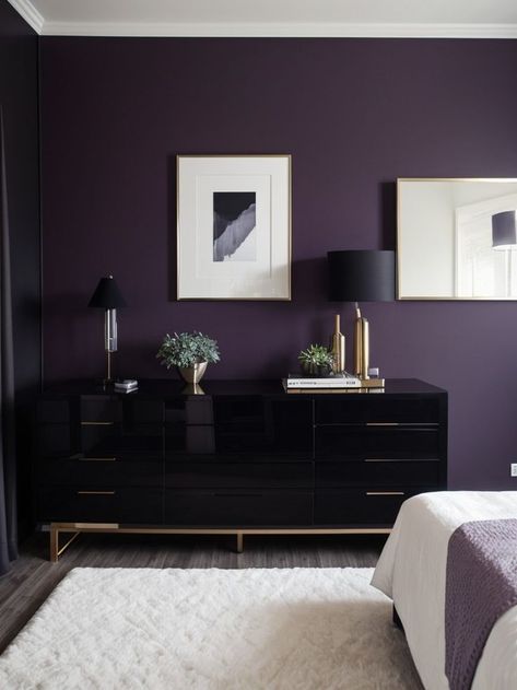 Create a striking focal point in your bedroom with a deep purple accent wall. Complete the look with sleek black furniture and metallic accents for a modern and luxurious feel. Deep Purple Accent Wall, Purple And Black Bedroom Ideas, Purple Accent Wall Bedroom, Deep Purple Bedroom, Purple Bedroom Walls, Black Room Ideas, Purple Accent Wall, Purple Interior Design, Purple Bedroom Decor