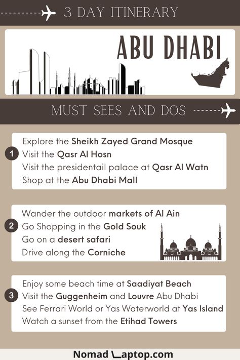 What to see when you spend 3 days in Abu Dhabi • #AbuDhabi #UAE #Itinerary • City guide | City escape | Abu Dhabi travel itinerary | Things to do in Abu Dhabi | Abu Dhabi travel itinerary things to do | A weekend in Abu Dhabi | What to do in Abu Dhabi | Best Abu Dhabi itinerary Abu Dhabi Itinerary, Abu Dhabi Bucket List, Guggenheim Abu Dhabi, Abu Dhabi Travel, Goals List, Life Goals List, City Escape, Man Made Island, Sheikh Zayed Grand Mosque