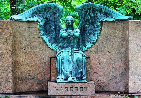 There are artists who have put their own spin on this angel including seeing tears of blood in this weather-beaten statue.  What I saw was tears for the departed that he guards.  Yes, this art "speaks" to me and I really wanted to pin it to that board but he is at a graveyard so, this board was more appropriate. Haserot Angel, Cemetery Angels, 1920s Photos, Cemetery Statues, Cemetery Art, Angel Statues, An Angel, Bronze Sculpture, Graveyard