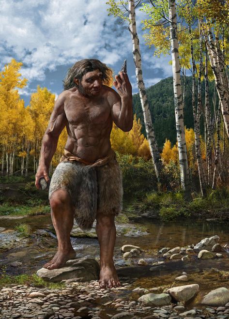 Sturdy barefooted 'dragon man' with fur loincloth, holding a stone tool, near birch trees. Vampire Mythology, Dragon Man, Human Fossils, Ancient Civilisations, Survival Tactics, Photos People, Early Humans, Human Evolution, Human Head