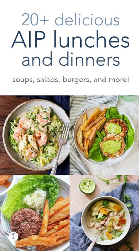 Delicious AIP Lunches & DInners :: soup, salad, burgers & more! Aip Recipes Crockpot Dinners, Paleo And Aip Recipes, Aip Paleo Dinner Recipes, Aip Casseroles Autoimmune Paleo, Healthy Aip Recipes, Aip Vs Whole 30, Delicious Aip Recipes, Autoimmune Lunch Ideas, Elimination Diet Lunch Ideas