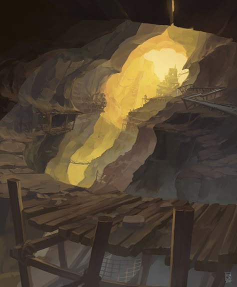 Mine Illustration, Mineshaft Concept Art, Fantasy Mine, Dnd Mining Town, Goblin City, Goblin Cave, Mining Aesthetic, Mining Town Fantasy Art, Fantasy Mining Town