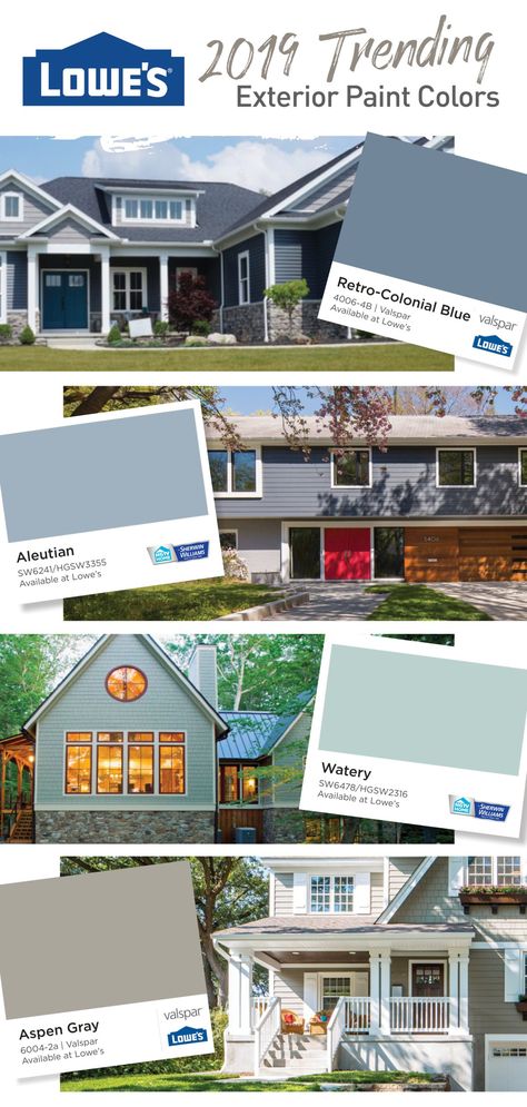 When you need outdoor paint to freshen up an exterior surface, stop by Lowe's to get started. #trending #house #colors Lowes Siding Colors, Grey Blue Exterior House Colors, Interior Paint Colors Schemes, Home Improvement Show, Home Improvement Loans, Casas Coloniales, House Color, House Paint, House Paint Exterior