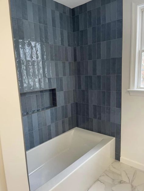 Bathtub Tiles Ideas, Bathtub And Tile, Navy Blue Tile Shower Ideas, Blue Tile Bathtub, Blue Tile Tub Surround, Bath Tile Ideas Tub Surround, Light Gray Bathtub Tile, Bathroom Tile Ideas Shower Tub Surround Blue, Tiled Tub Surround