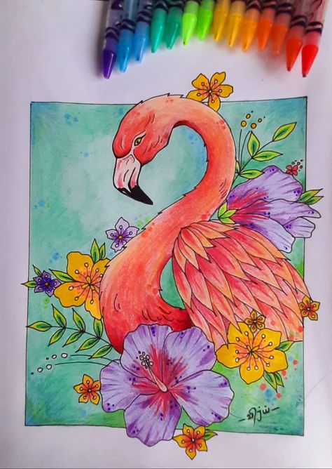 Colour Full Drawing, Flora And Fauna Drawings, Flamingos Art Illustration, Watercolor Course, Flora And Fauna Drawing, Iron Man Drawing, Pen Work, Man Drawing, Drawing Competition