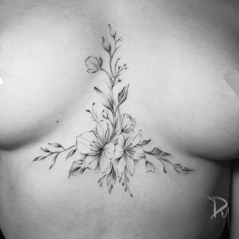 Fine Line Tattoos 33 Sternum Tattoo Women Flowers, Flower Tattoo Sternum, Floral Sternum Tattoo Women, Flower Underboob Tattoo, Delicate Sternum Tattoo, Sternum Underboob Tattoo, Flower Sternum Tattoo, Sternum Tattoo Women, Sternum Tattoo Design