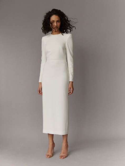 Midi Winter Wedding Dress, Maria Fekih Wedding Dresses, White Dress Outfit Formal, White Midi Dress Classy, White Midi Dress With Sleeves, Civil Ceremony Outfit, Maria Fekih, White Dress 2023, Long Sleeve Midi Dress Bodycon