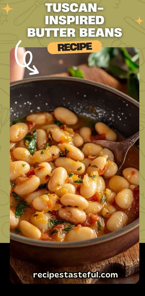 A hearty and flavorful dish that combines creamy butter beans with savory garlic, tomatoes, and earthy greens. This Tuscan-inspired recipe is rich in Mediterranean flavors, making it perfect as a main dish or side. The addition of smoked paprika, Parmesan cheese, and a touch of fresh herbs brings this comforting dish to life! #TuscanBeans #ButterBeans #HealthyEating #MediterraneanDiet #EasyDinner #VegetarianRecipe Marinated Butter Beans Recipe, Fresh Green Bean Recipes Main Dish, How To Cook Butter Beans, Easy Butter Beans Recipe, Tuscan Butter Beans, Creamy Butter Beans, Dried Butter Beans Recipe, Butterbean Recipes, Butter Bean Recipes