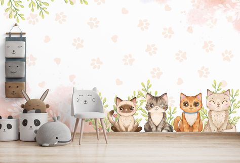 Cat Inspired Bedroom, Cat Themed Nursery, Cat Nursery Theme, Cat Bedroom Wallpaper, Cat Mural, Kitten Themed Nursery, Kitten Nursery, Grooming Room, Cat Nursery