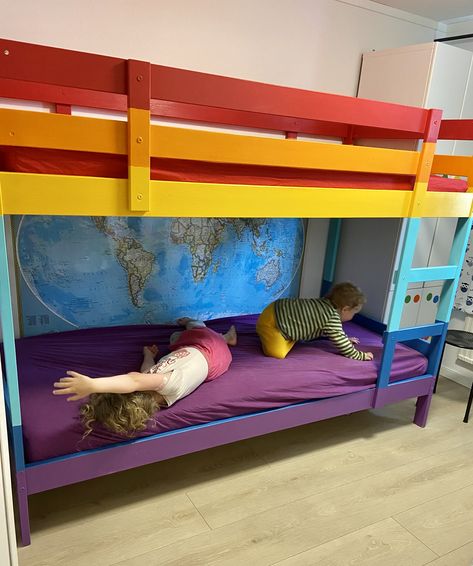 Rainbow Bunk Bed, Painted Bunk Beds, Ikea Mydal, Girls Shared Bedroom, Rainbow Bed, Doll Bunk Beds, Ikea Bed, Rainbow Painting, Kids Bedroom Ideas