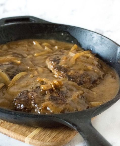 Salisbury steak in cast iron skillet. Old Fashioned Salisbury Steak Recipe, Keto Salisbury Steak, Best Salisbury Steak, Best Salisbury Steak Recipe, Hamburger Steak And Gravy, Homemade Salisbury Steak, Keto Connect, Steak And Gravy, Salisbury Steak Recipe