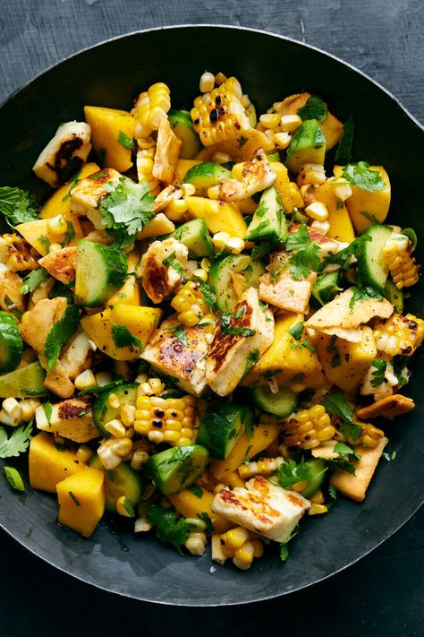 Salad With Mango, Halloumi Salad, Mango Salad, Nyt Cooking, Corn Salad, Corn Salads, Hearty Meals, Grilling Recipes, Summer Recipes