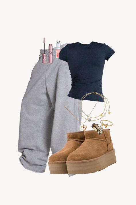 outfit inspo, outfit ideas, outfit, clothes, dream clothes, cool sunglasses, fashion inspo, fashion outfits, spring outfit, fall outfits, winter outfits, summer fits, summer outfits 2024, pretty outfits, chic outfits, vintage, clean girl, aesthetic, y2k, y2k outfits, navy baby tee, gray sweatpants, joggings, platform uggs, gold jewellery, heart necklace, bow ring, everyday outfits, going out outfits, outfit ideas for school, airport outfit, casual outfits, summer rainy day outfit, cute, sneakers Summer Rainy Day Outfit, Fashion Outfits Spring, Casual Outfits Summer, Platform Uggs, Clean Girl Outfit, Fits Summer, Gray Sweatpants, Outfits Vintage, Ring Everyday