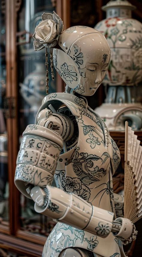 Prompt 👉Japanese porcelain robot with a traditional fan in hand, made in light colors with traditional floral patterns, close-up. The setting is an ornate museum hall filled with various mechanical sculptures and vintage electronic equipment. The mood should be mysterious yet elegant, reflecting the essence of futuristic craftsmanship and historical beauty in the style of photography. 👉 if Like, please Follow and Share AI Graphics Studio 👇Contact on WhatsAPP: http://tiny.cc/aigraphicsstudio ... Porcelain Robot, Arcane Oc, Prosthetic Limbs, Be Mysterious, Japanese Robot, Draw Together, Japanese Fan, Fashion Portfolio, Japanese Porcelain